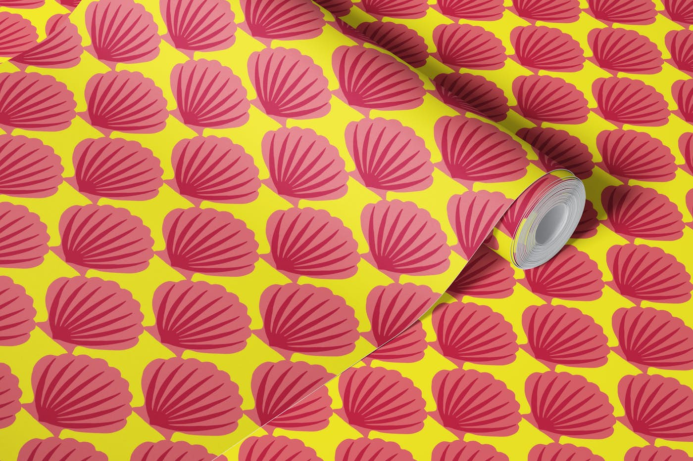 Pink scallops on bright yellow wallpaper roll