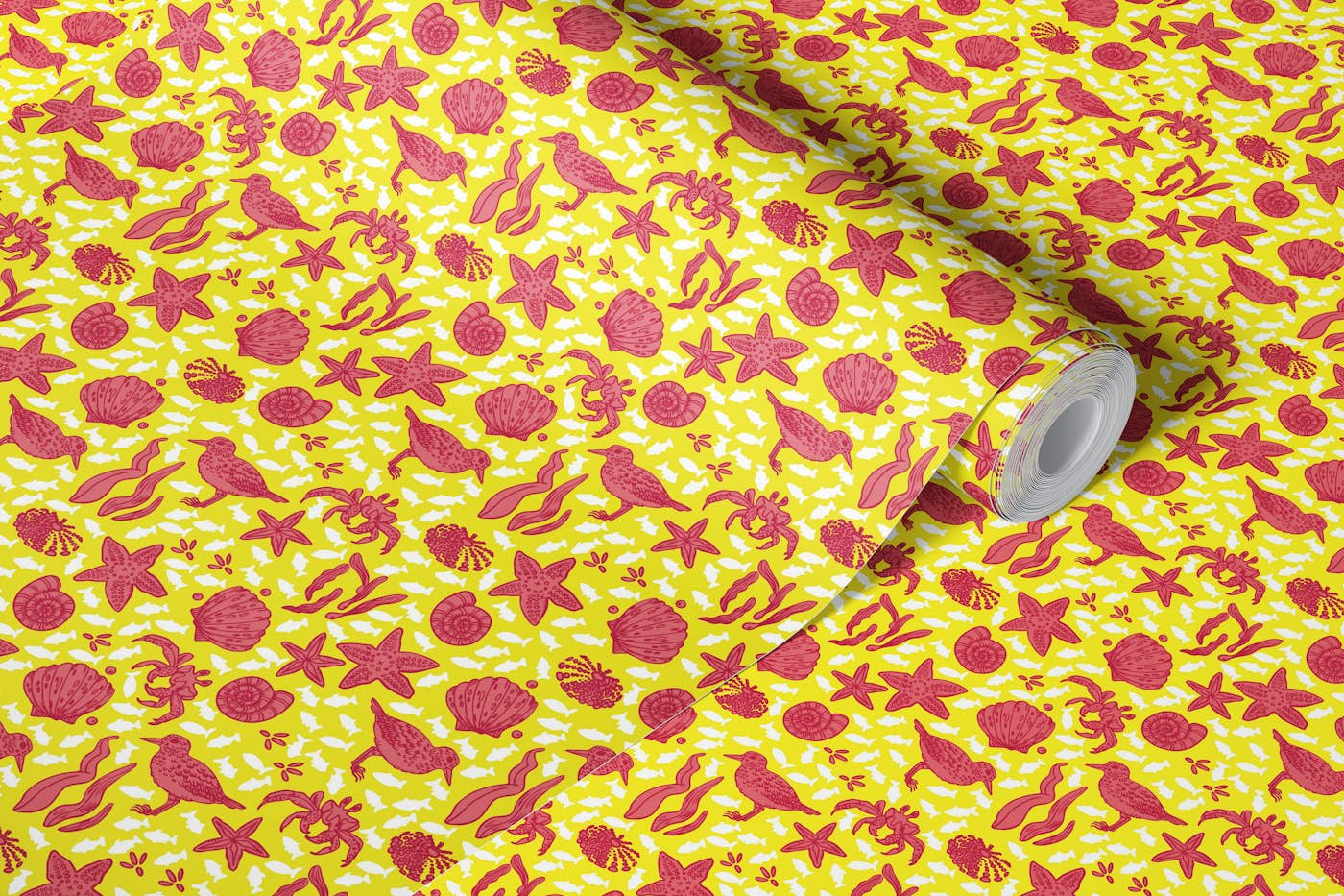 Pink seaside on bright yellow wallpaper roll