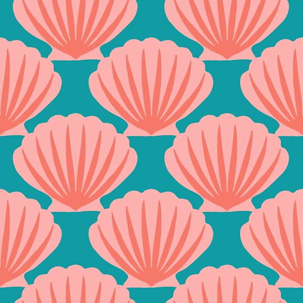 Pink scallops on teal - small scale