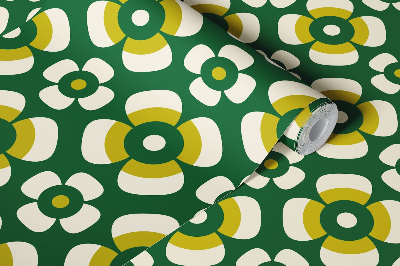 Retro daisies, green / 3082B wallpaper roll