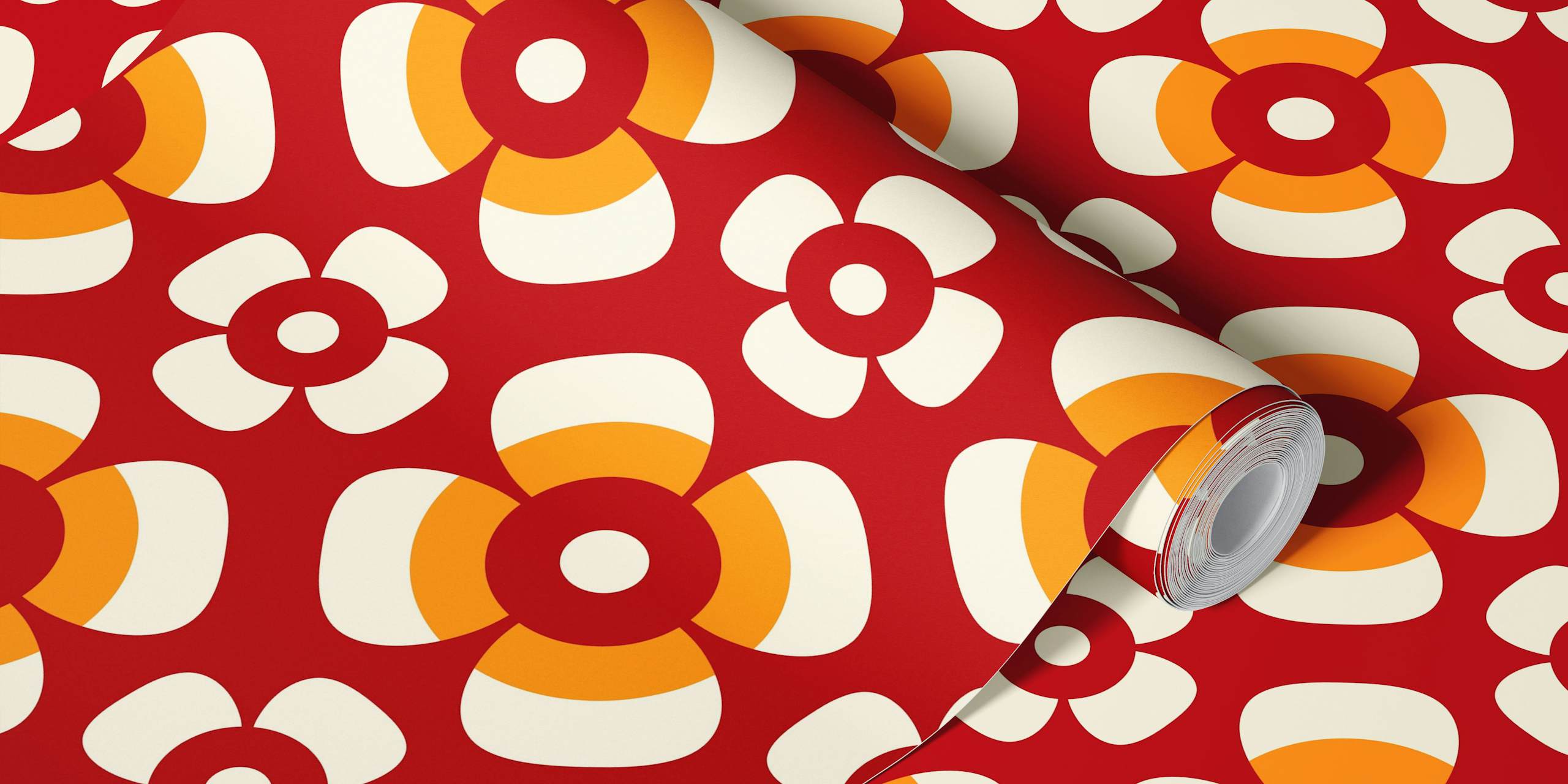 Red floral retro wallpaper with orange and cream daisies