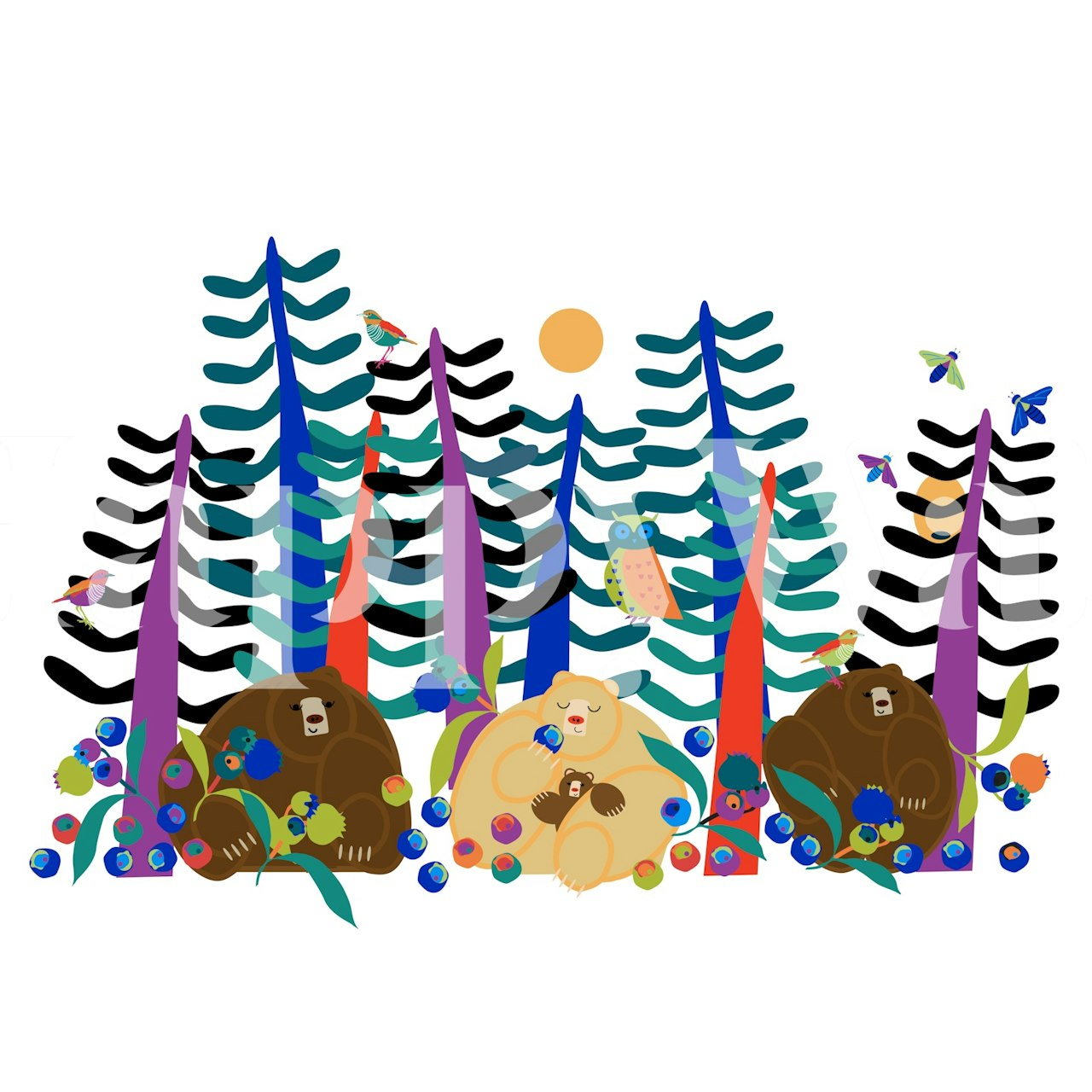 Carta da parati illustrativa con orsi stravaganti e mirtilli in una foresta stilizzata