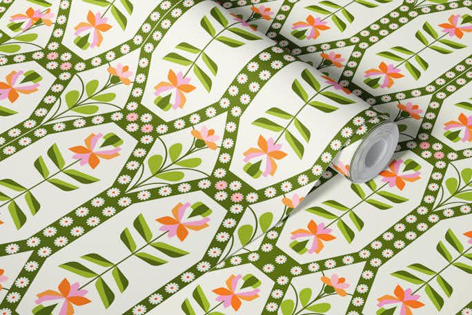 Green and pink 70s Retro Florals Nostalgiawallpaper roll