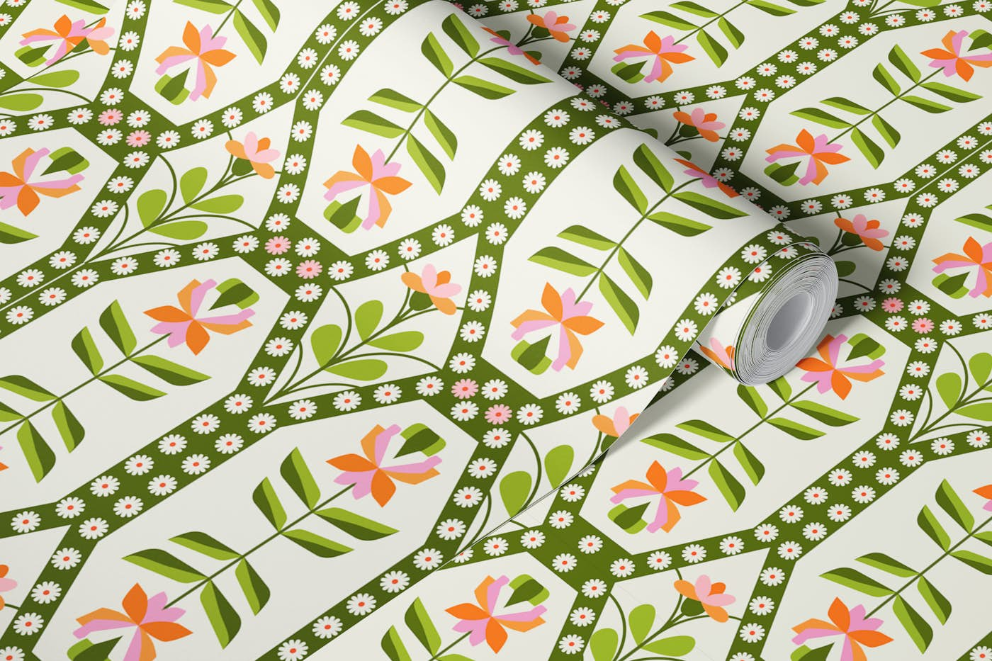 Green and pink 70s Retro Florals Nostalgia wallpaper roll