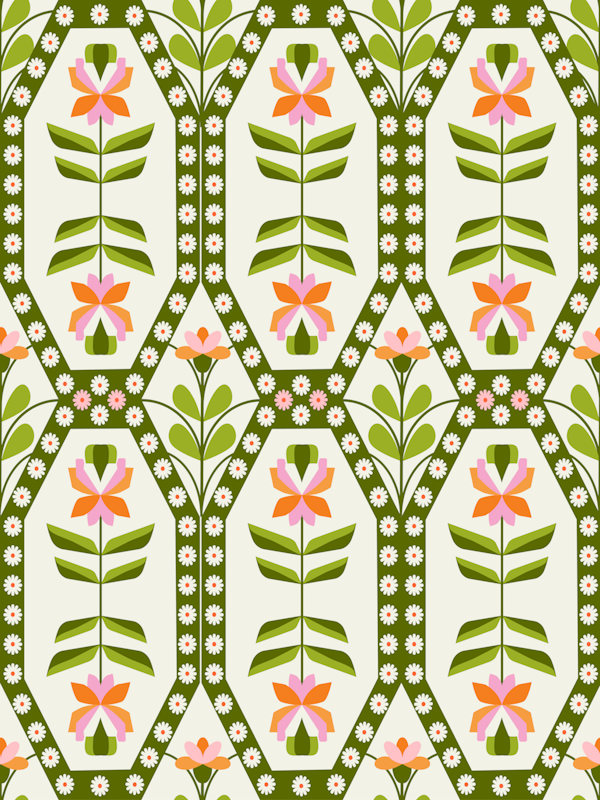Green and pink 70s Retro Florals Nostalgia