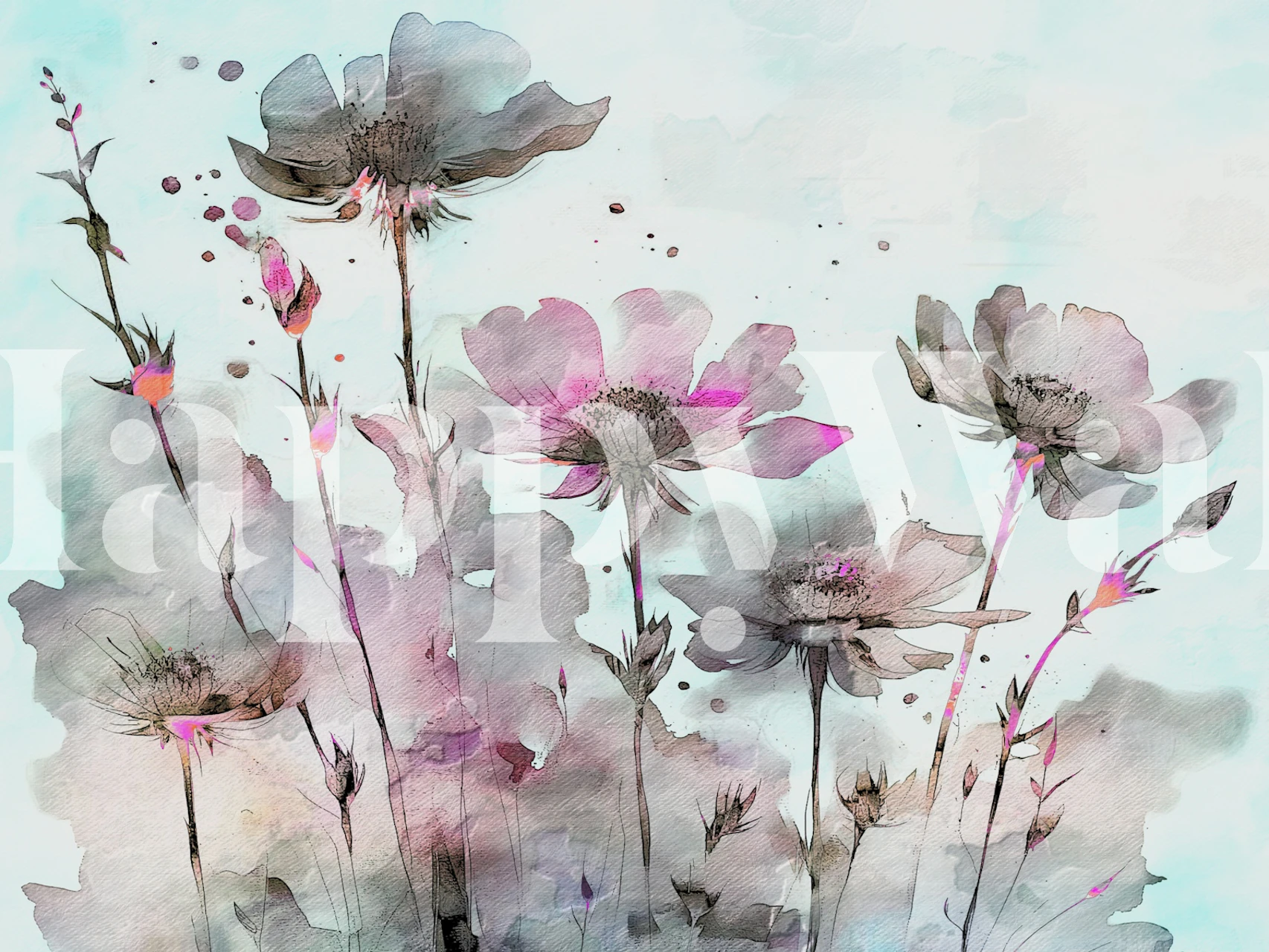 Modern Japandi style floral wall mural with delicate pink and gray watercolor flowers