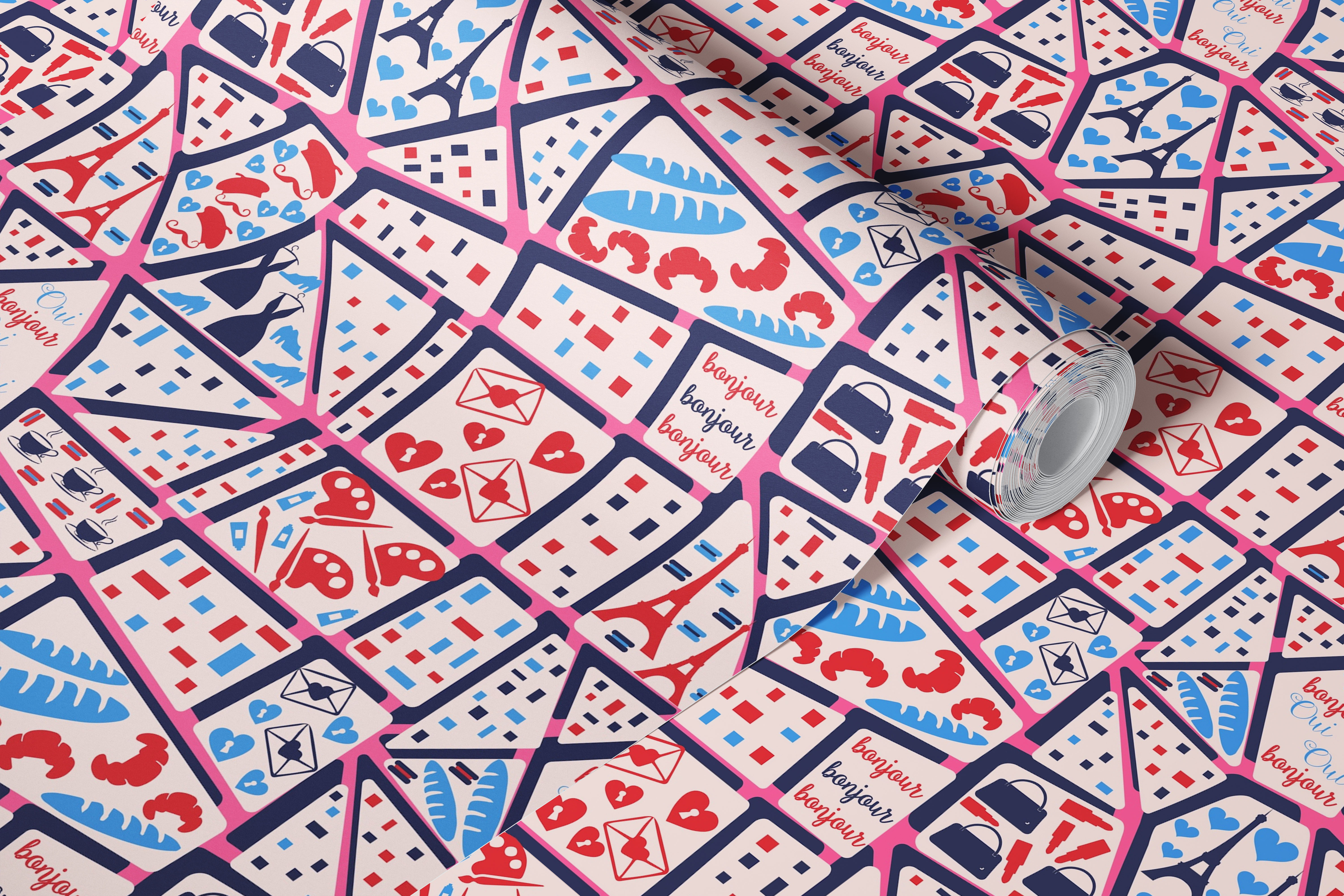 Colorful Paris map design in pink, blue, and white. Artistic illustrations include Eiffel Tower and hearts wallpaper.