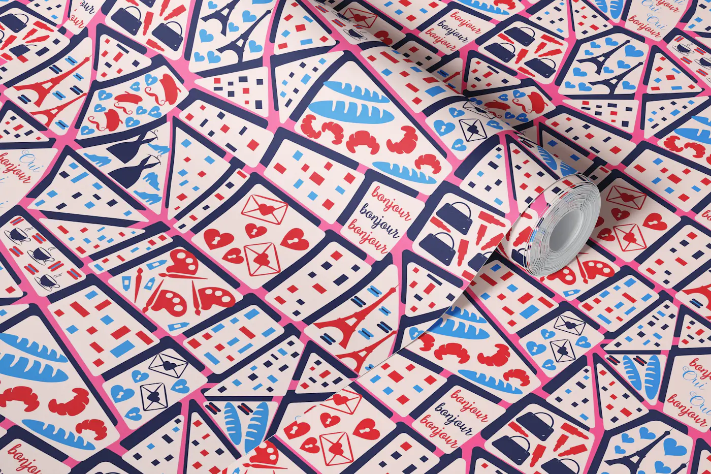 Paris Bonjour Map patchwork wallpaper roll