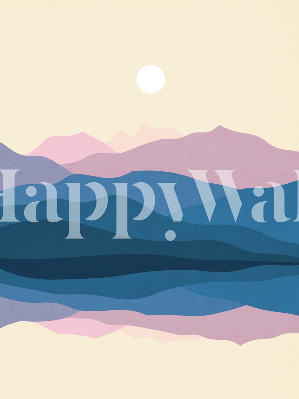 Pastell Aquarell Landschaftswandmural mit geschichteten Hügeln und Sonnenuntergang