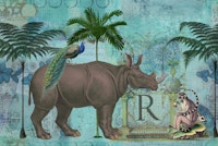 Rhino Kingdom Vintage Illustration Teal behang