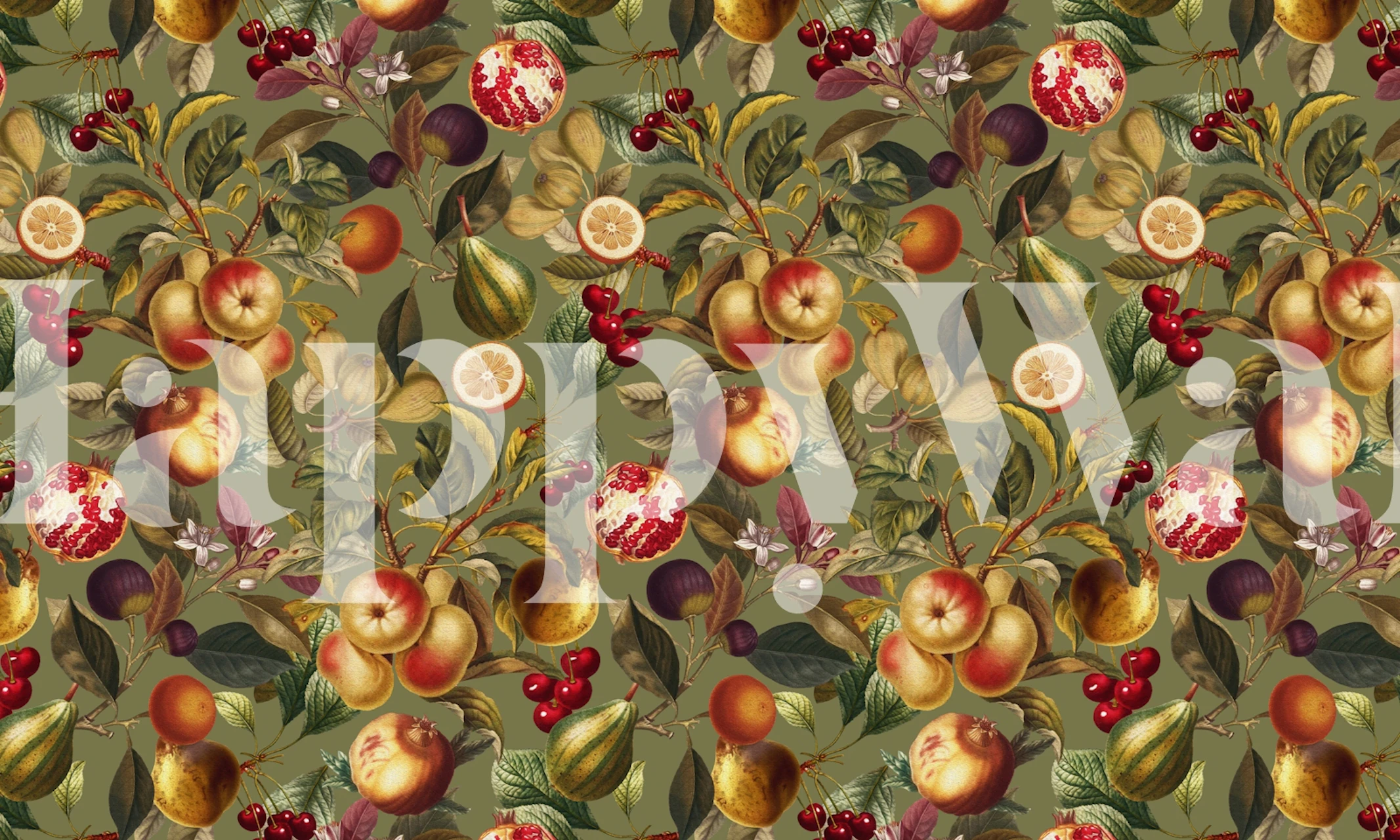 Colorful fruit harvest pattern wall mural with various ripe fruits and green leaves on a wall.
