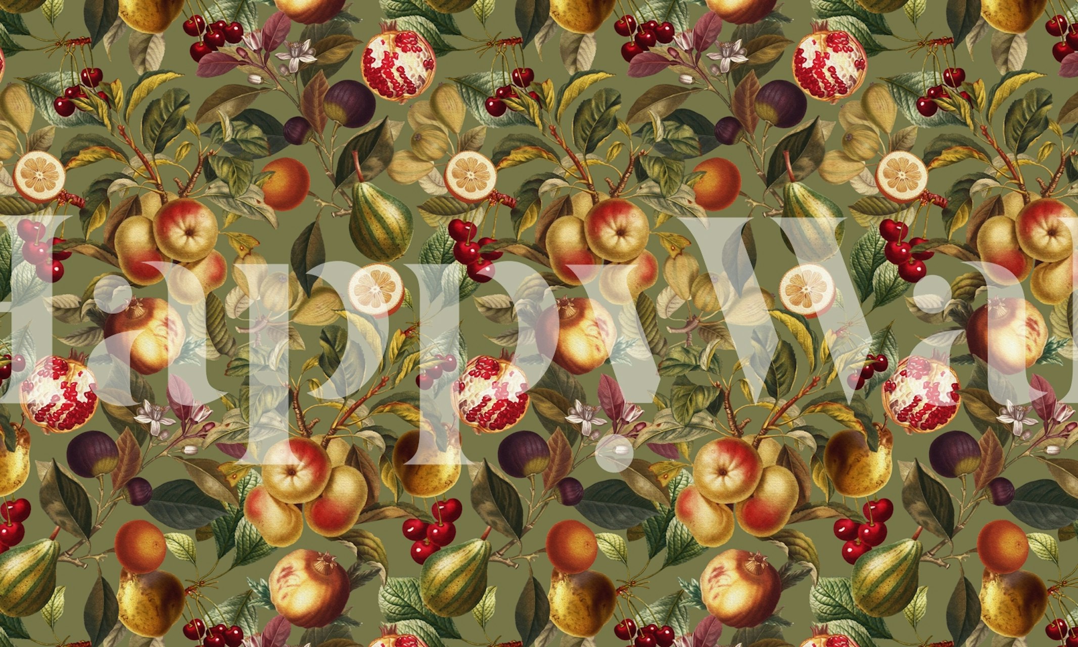 Colorful fruit harvest pattern wall mural with various ripe fruits and green leaves on a wall.