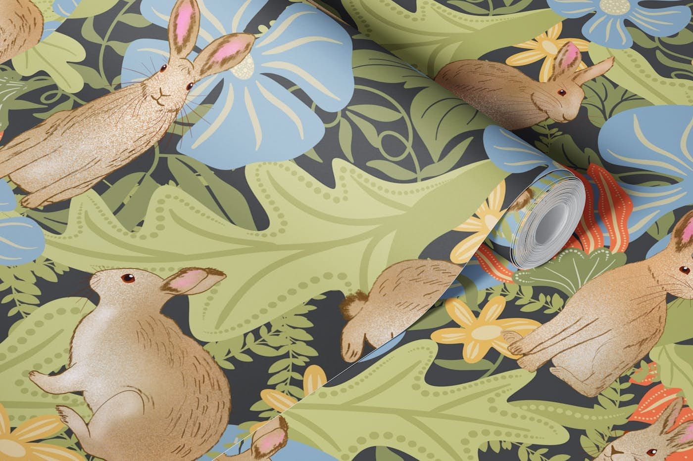 Rabbits in a meadow on outer space grey wallpaper roll