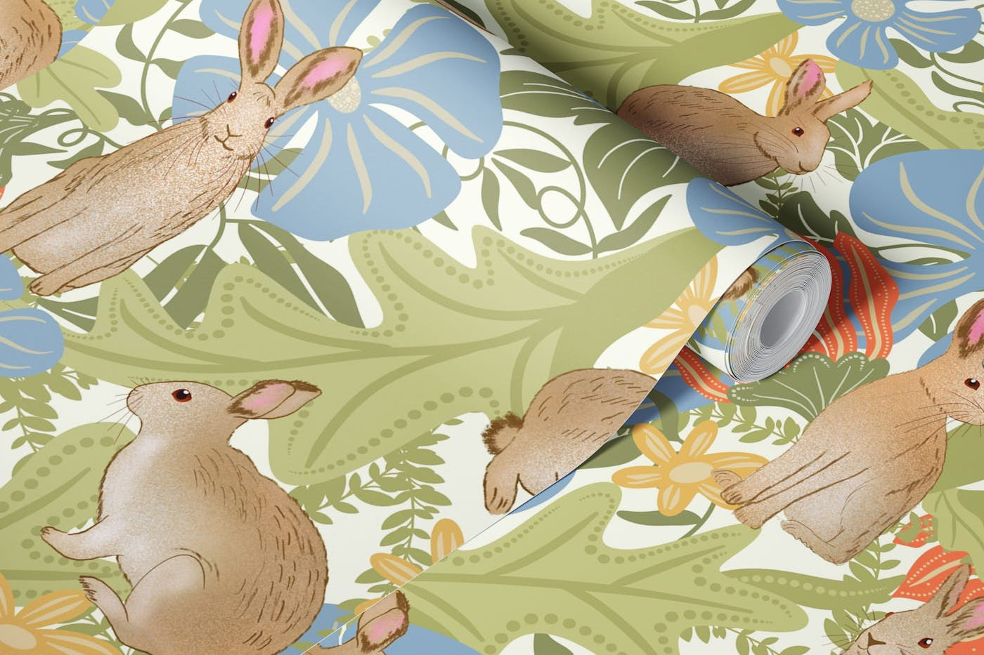 Rabbits in a meadow on ivory wallpaper roll