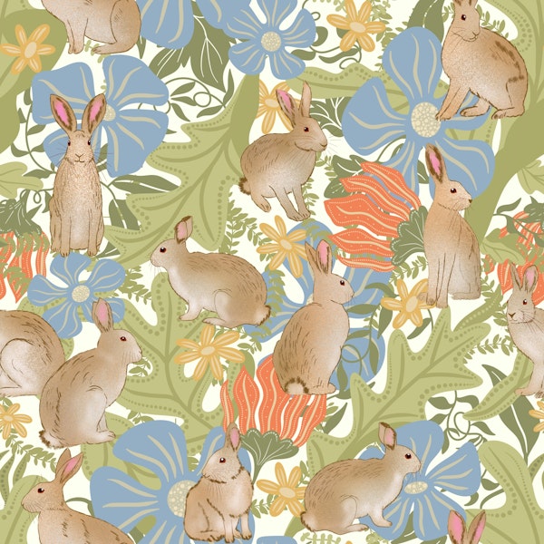 Rabbits in a meadow on ivory
