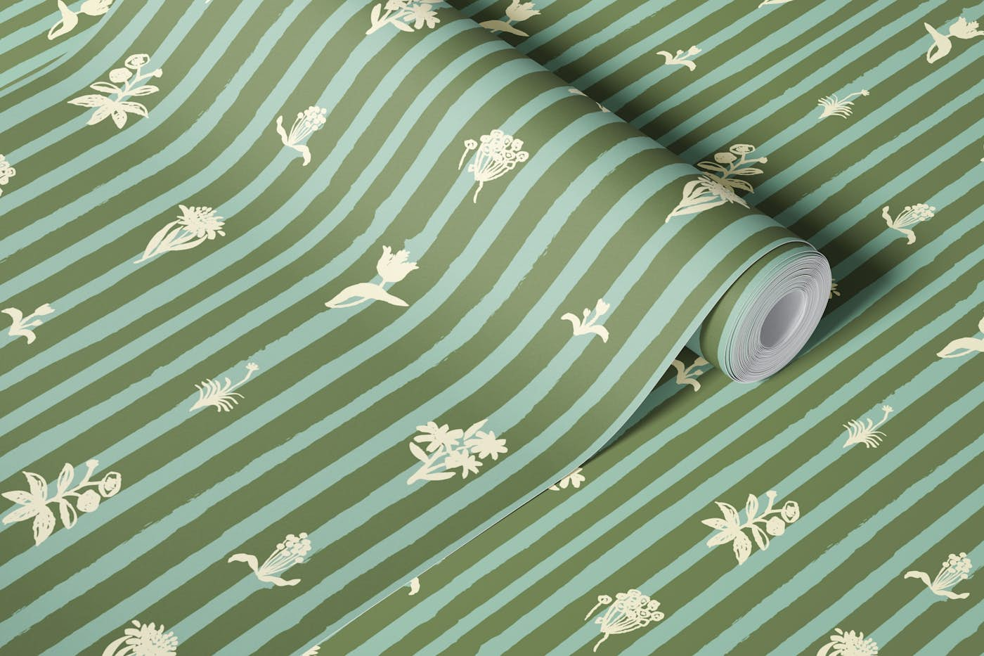 floral stripes sage green wallpaper roll