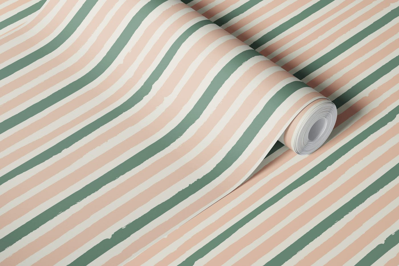 Retro stripes blush pink fern green wallpaper roll