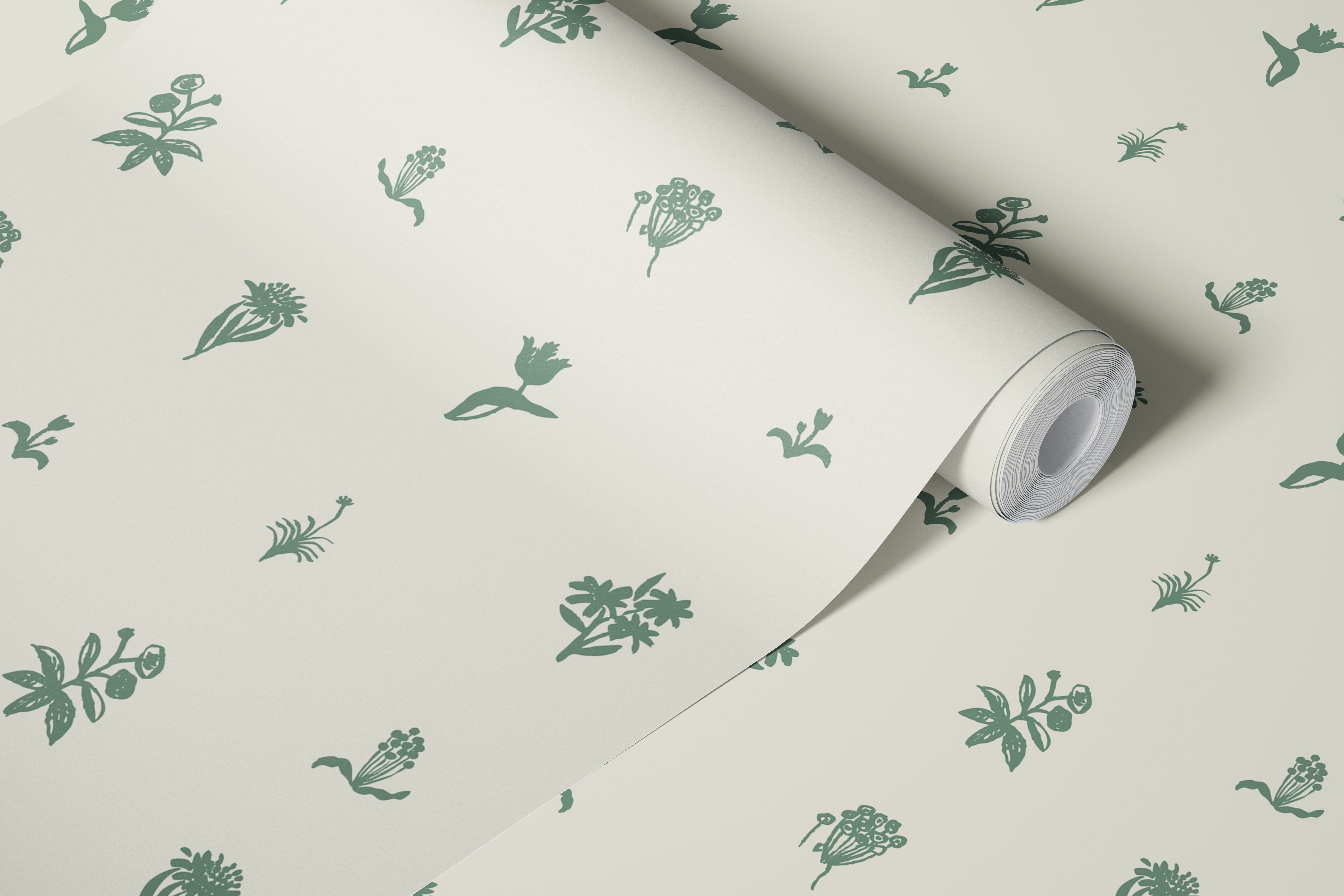 Sparsame florale sage green wallpaper in een kamer