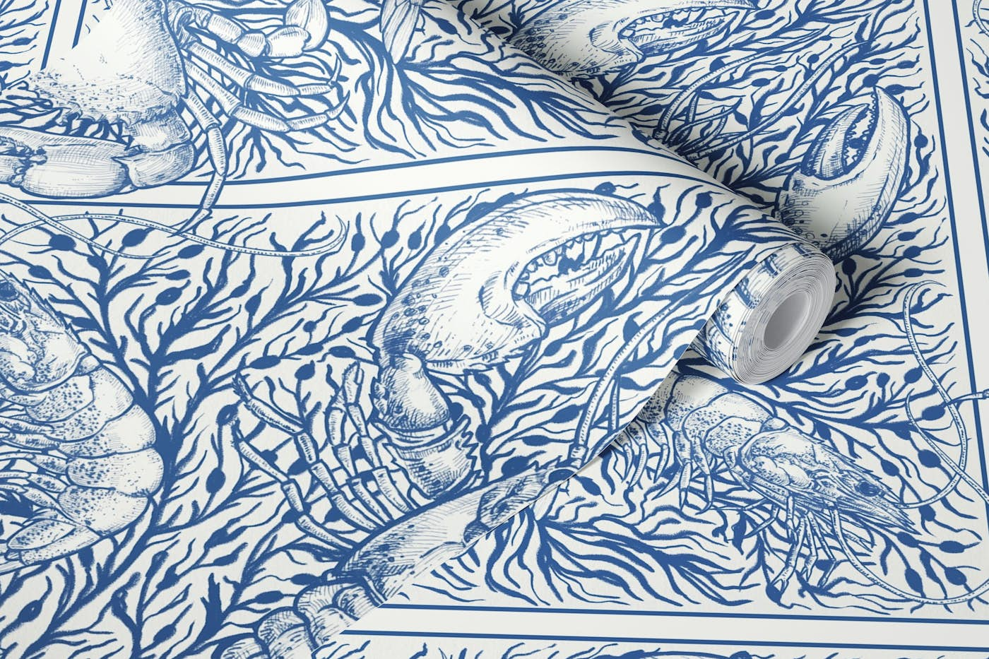 Crustacean in navy and ivory wallpaper roll