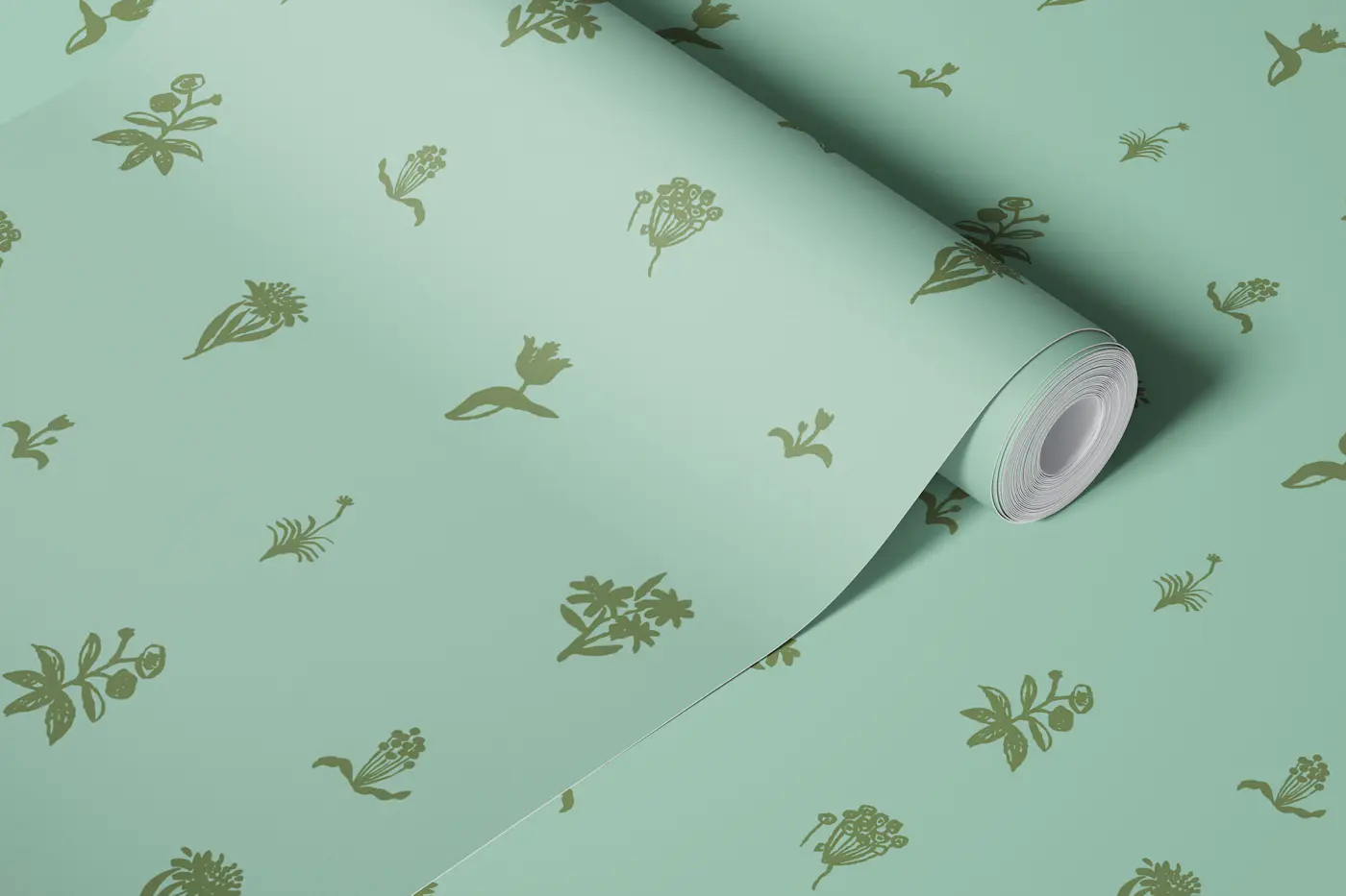 Moss Green Flower Silhouettes on Celadon wallpaper roll