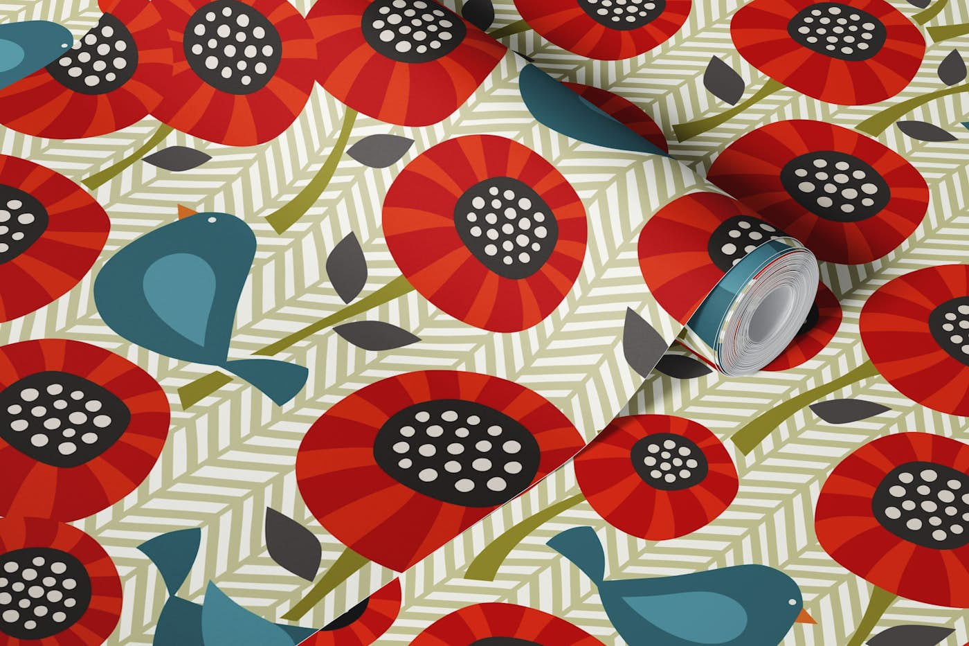 poppies and birds on chevron wallpaper roll