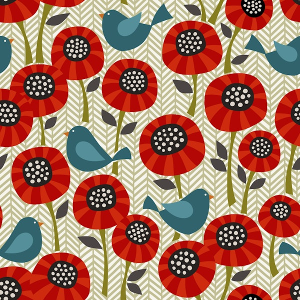 poppies and birds on chevron
