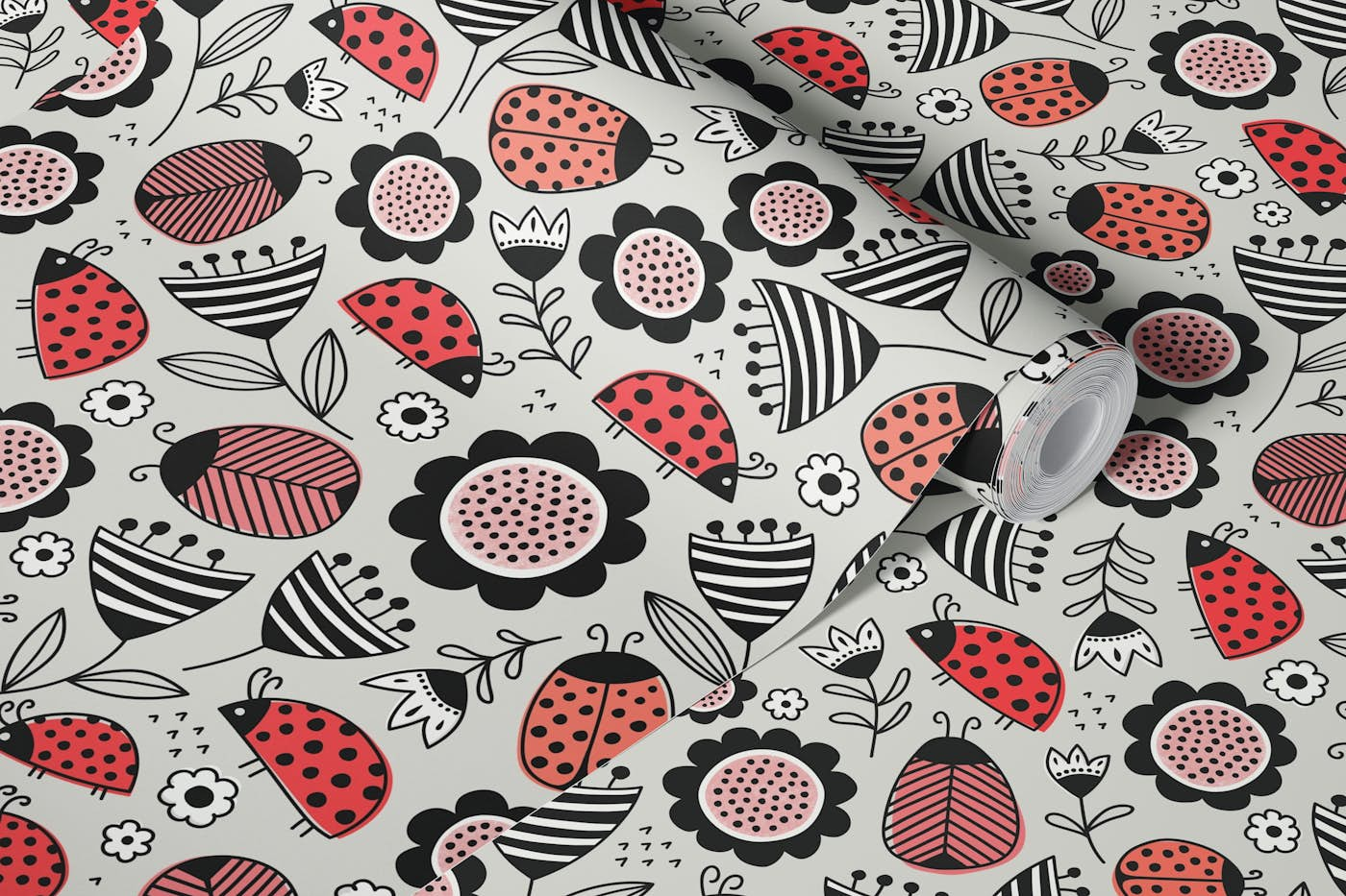 doodle flowers and ladybugs wallpaper roll