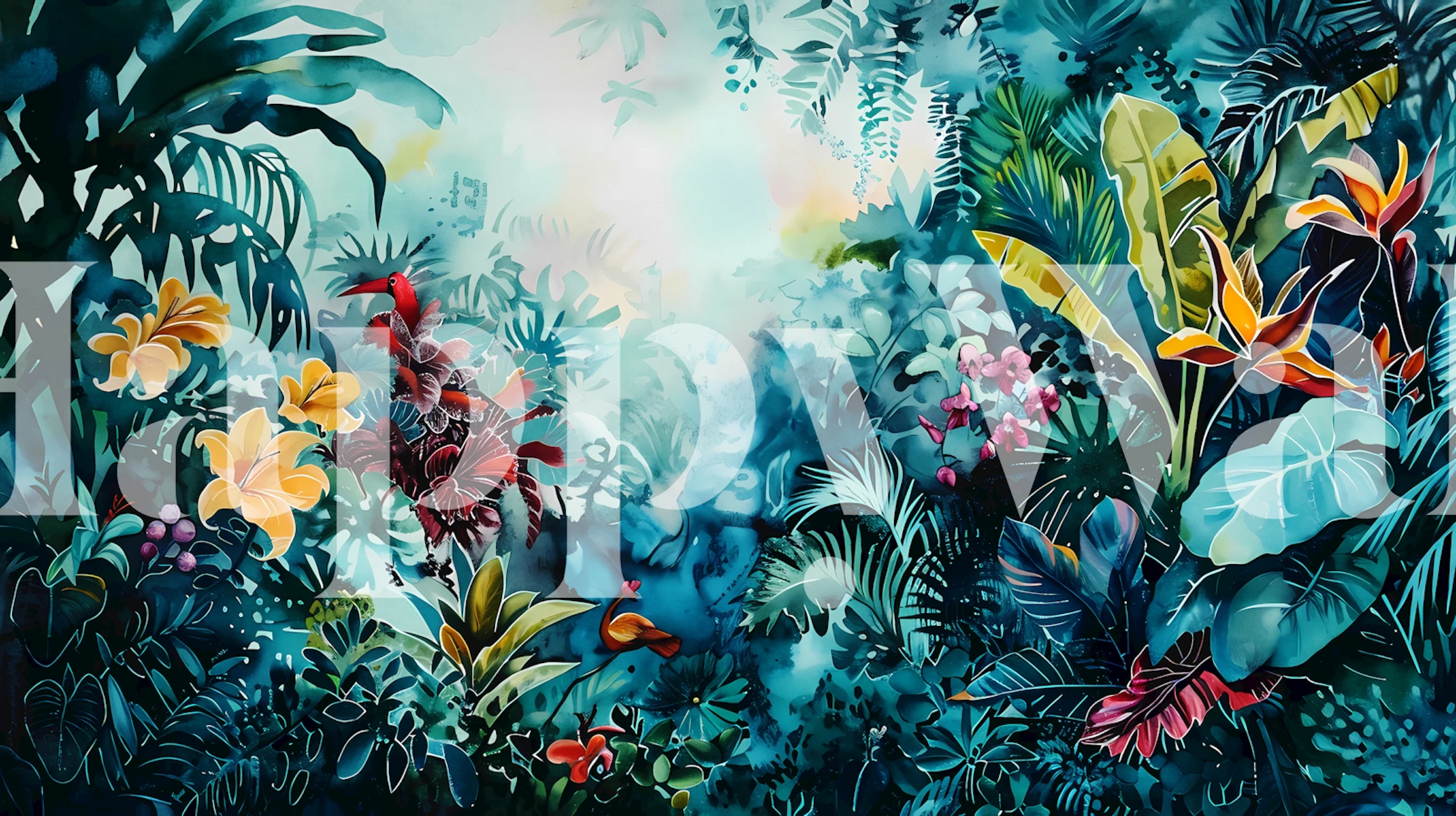 Colorful tropical flowers and lush green leaves wallpaper