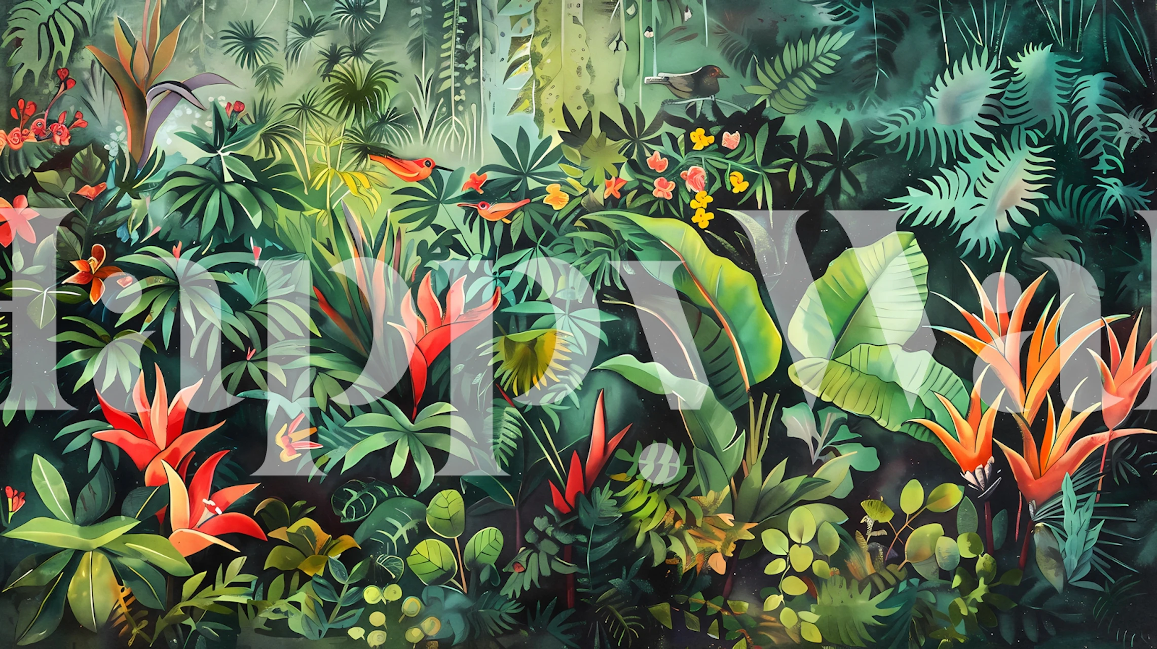 Lush green tropical plants with vibrant red flowers wallpaper