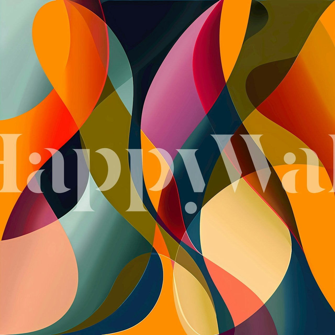 Colorful sinuous shapes in red, orange, teal, and cream wallpaper