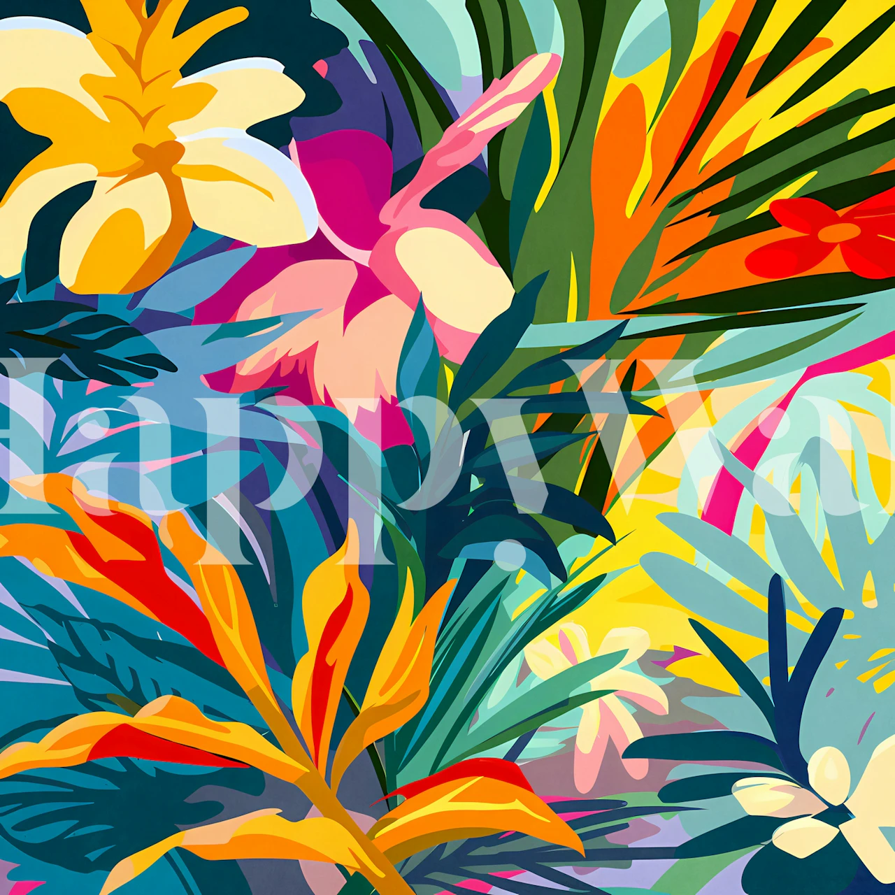Tropical flowers and vibrant leaves in bright colors wallpaper