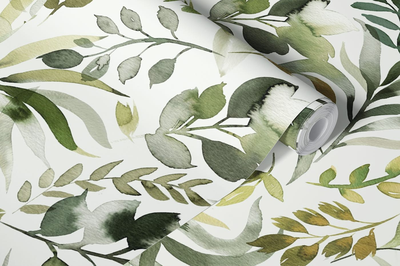 Botanical leaves watercolor Gold green wallpaper roll