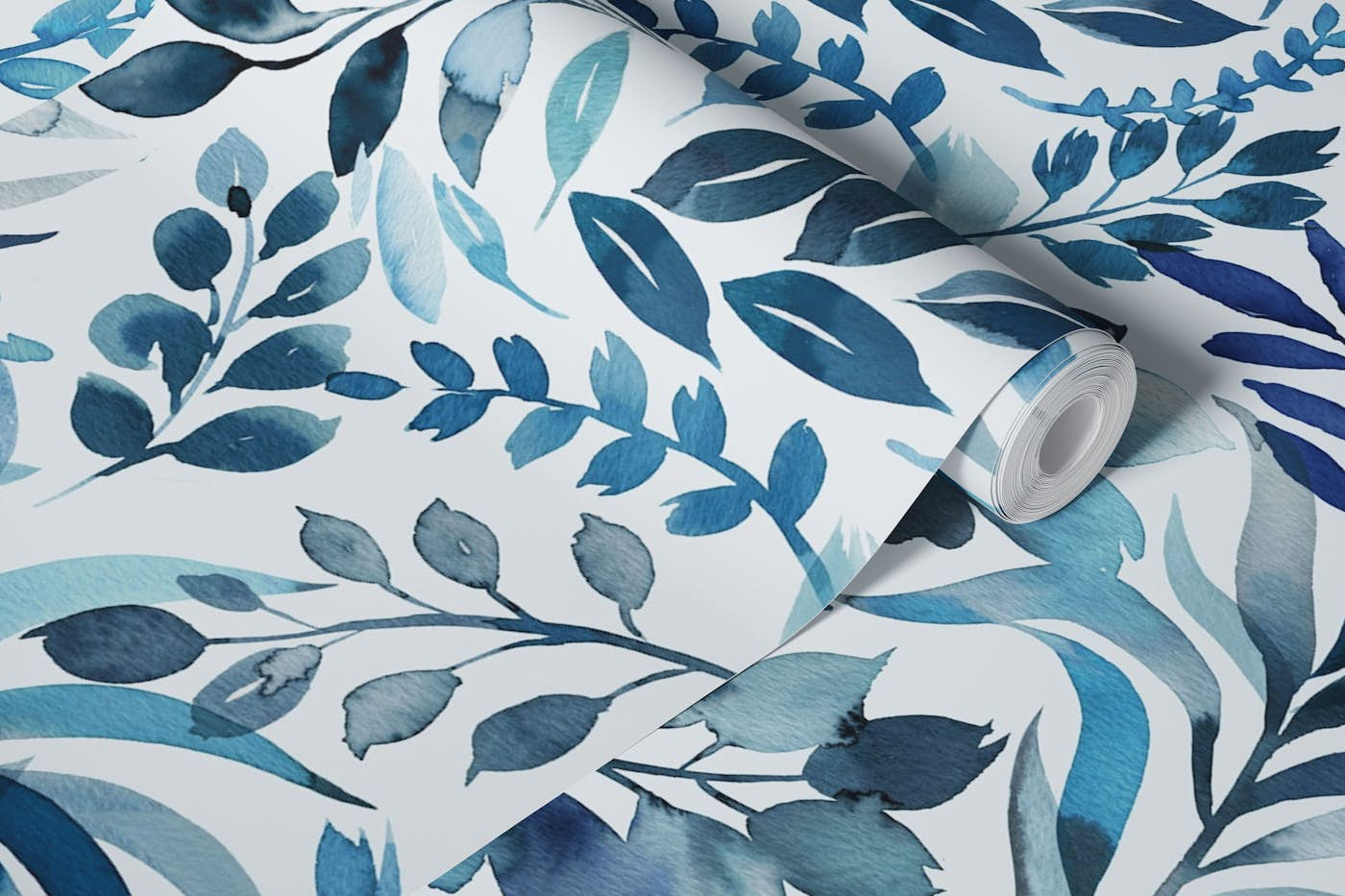 Botanical leaves watercolor Blue wallpaper roll