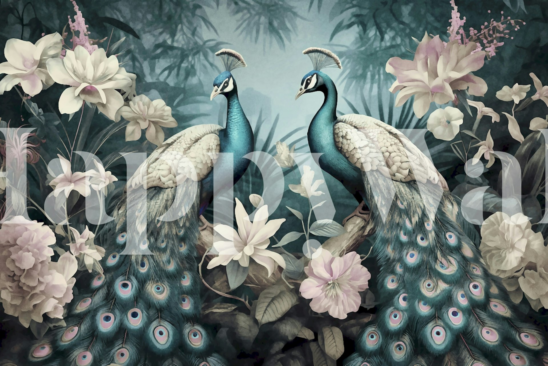 Peacocks among flowers in soft pastel colors wallpaper