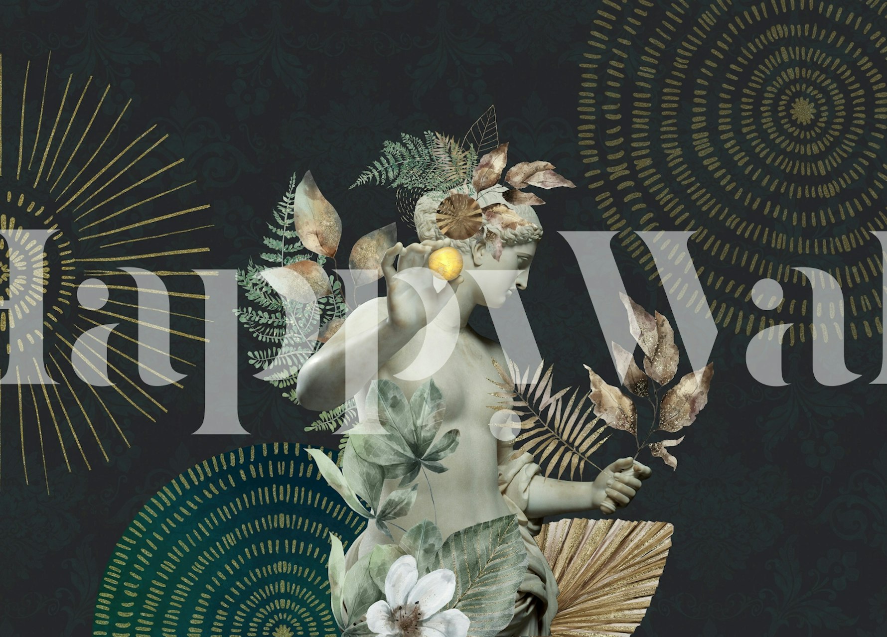 Carta da parati raffigurante una figura femminile serena con fiori e uccelli, che simboleggiano il potere femminile su uno sfondo scuro