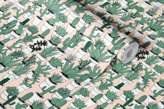 Succulents - green and white on buff pinkwallpaper roll