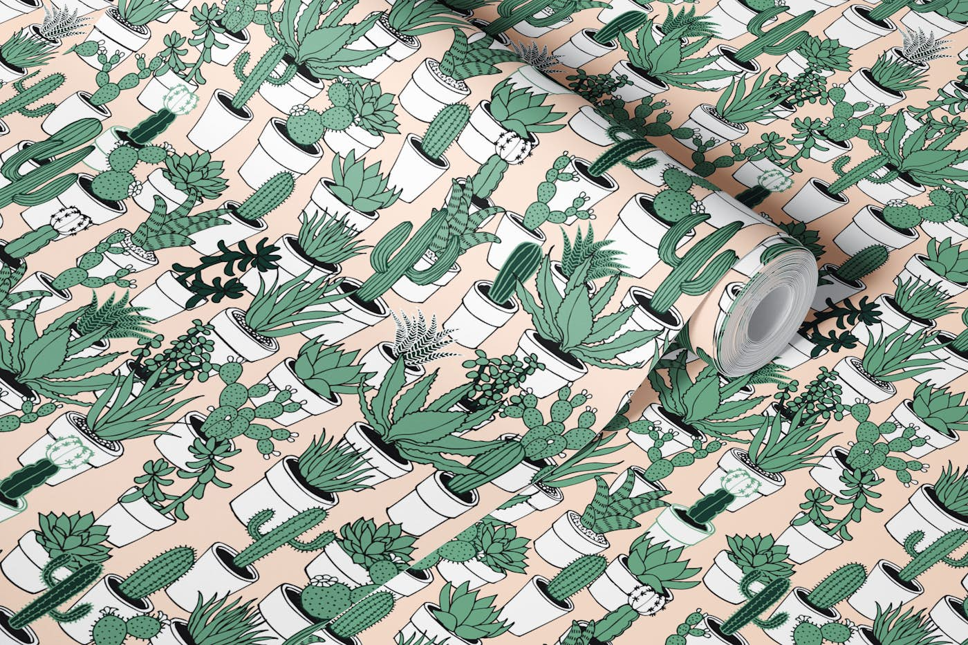 Succulents - green and white on buff pink wallpaper roll