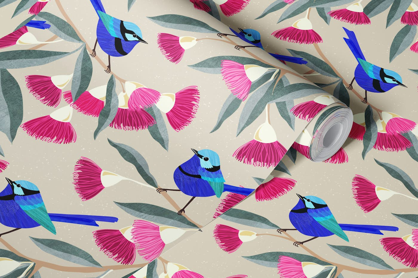 Splendid Fairy Wrens & Pink Eucalyptus grey wallpaper roll