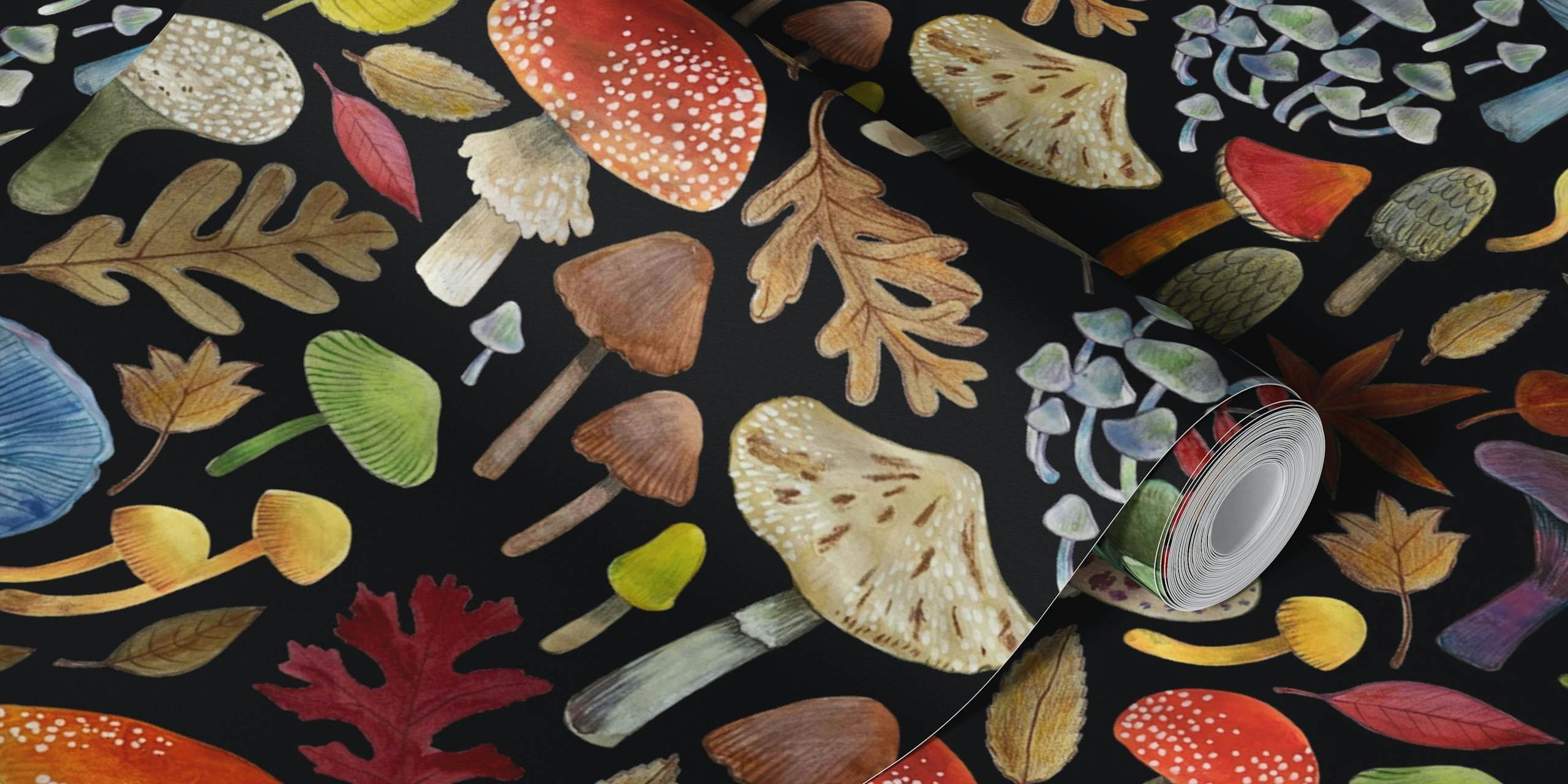 Watercolour toadstools and autumn leaves wallpaper