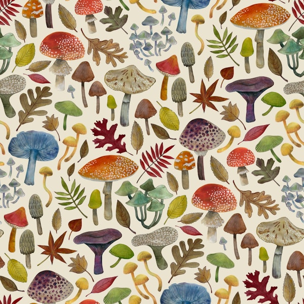 Watercolour toadstools & Autumn leaves cream