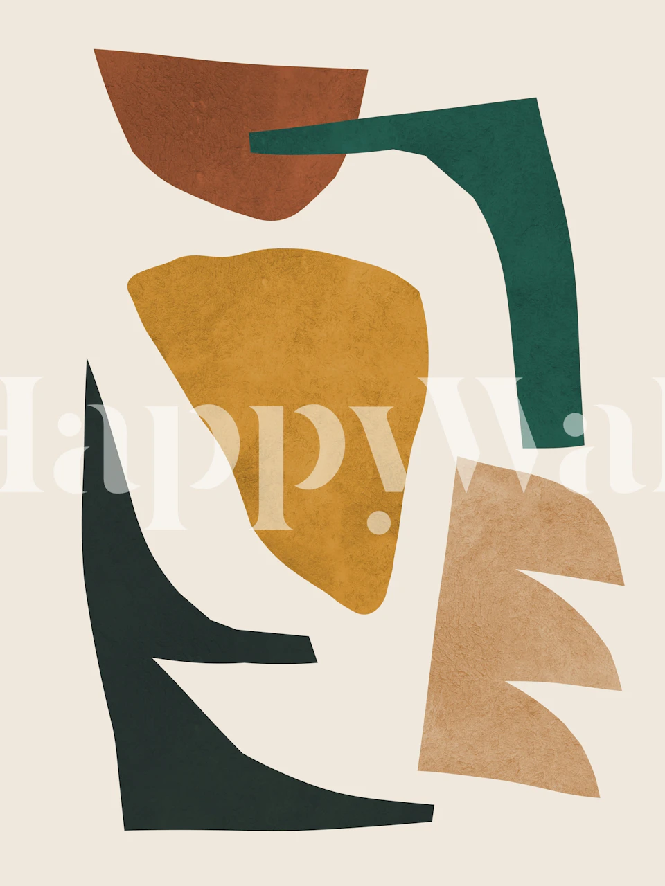 Abstract shapes in green, yellow, brown, and beige wallpaper
