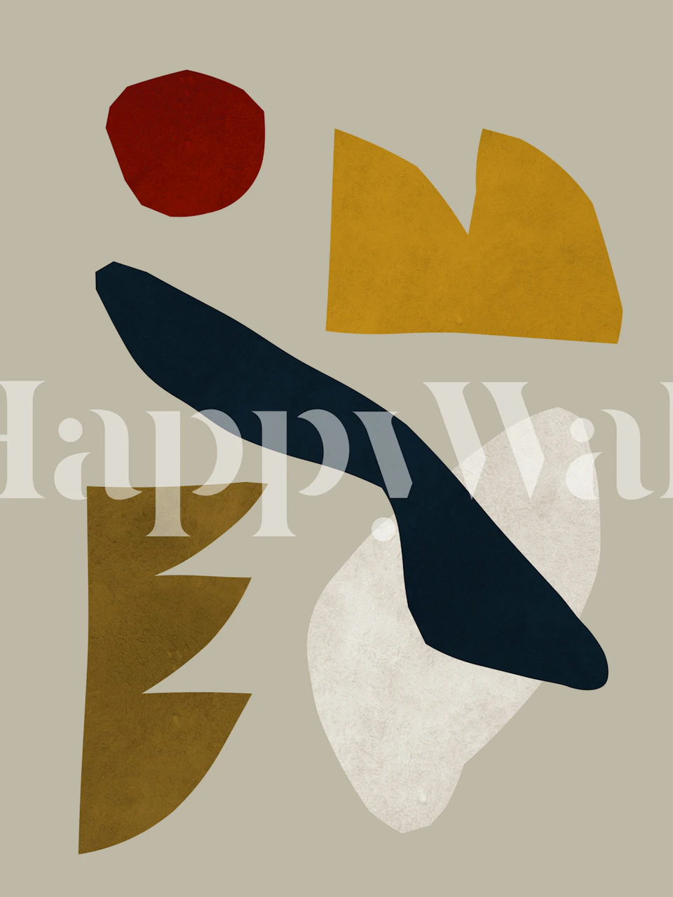 Abstract shapes in red, yellow, navy, and white on beige wallpaper