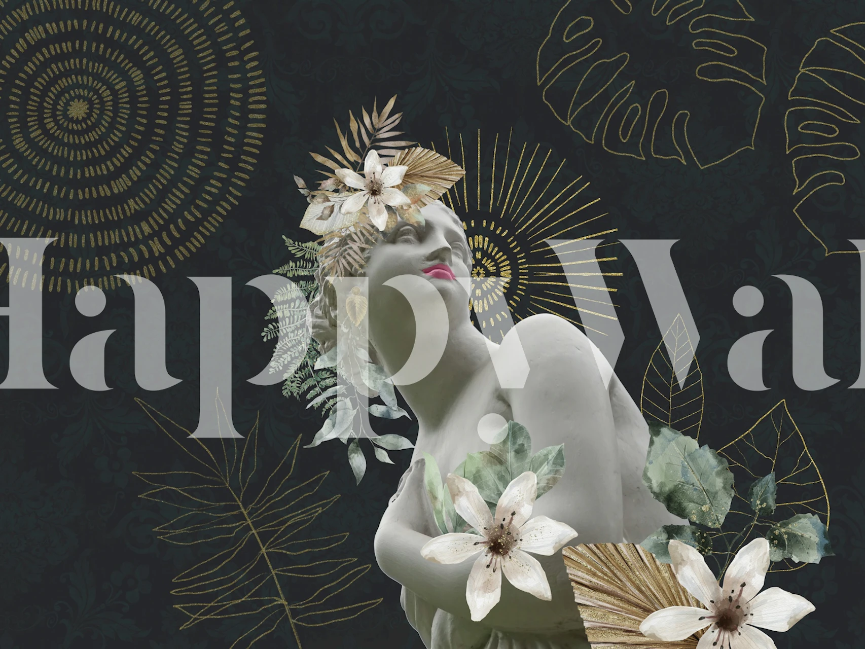 Posągowa kobieca postać z kwiatowymi ozdobami fototapeta