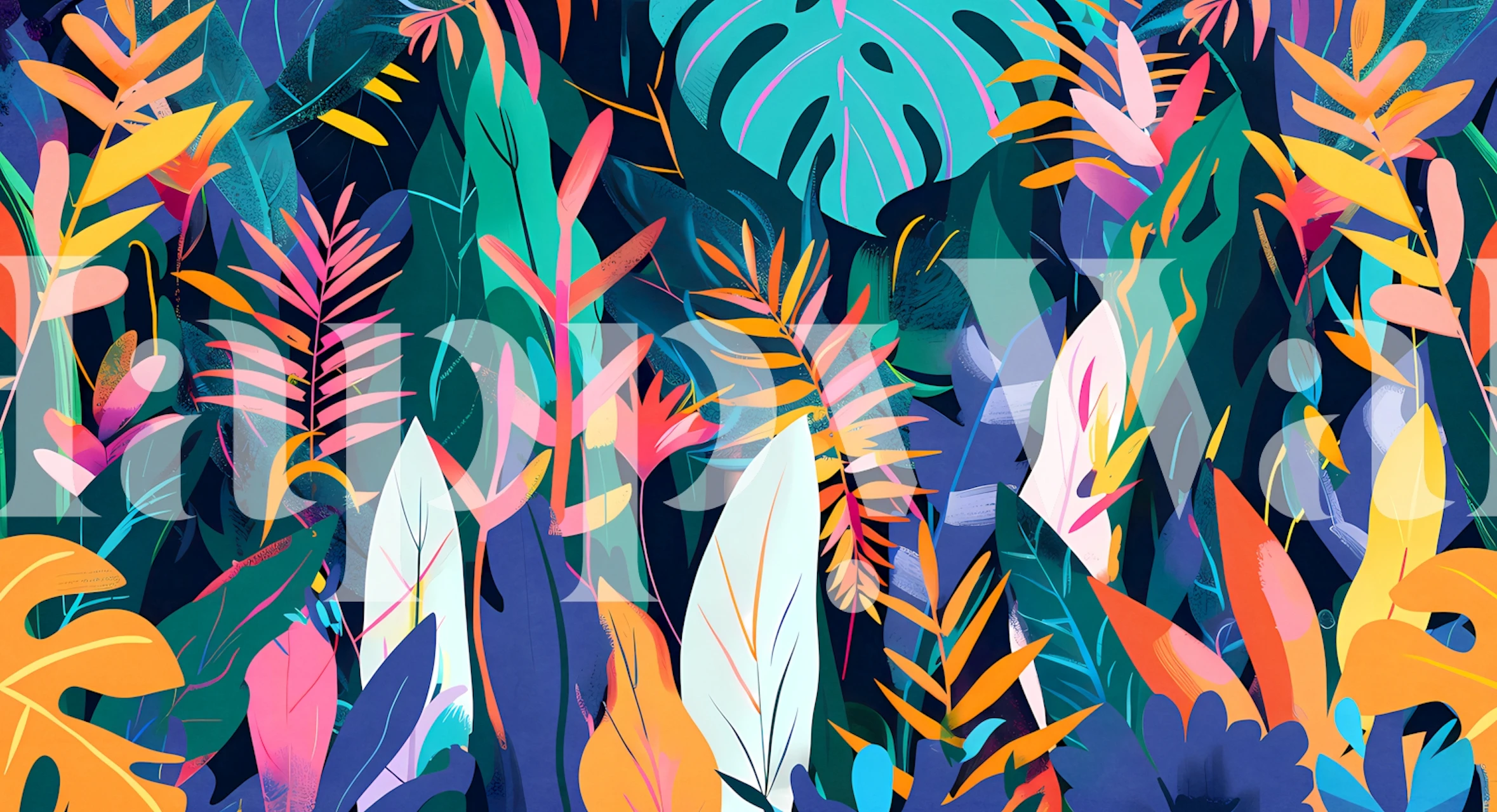 Šareni zidni mural s tropskim lišćem sa živopisnim zelenim, ljubičastim, ružičastim i plavim bojama