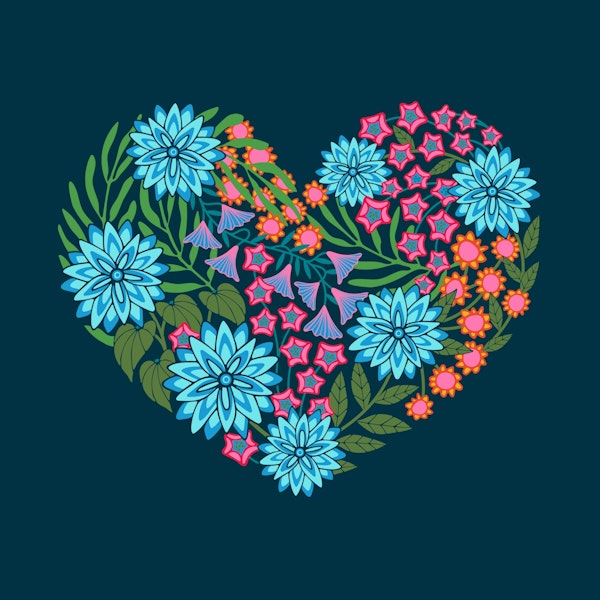 Flowered Heart Love Floral Botanical Blue