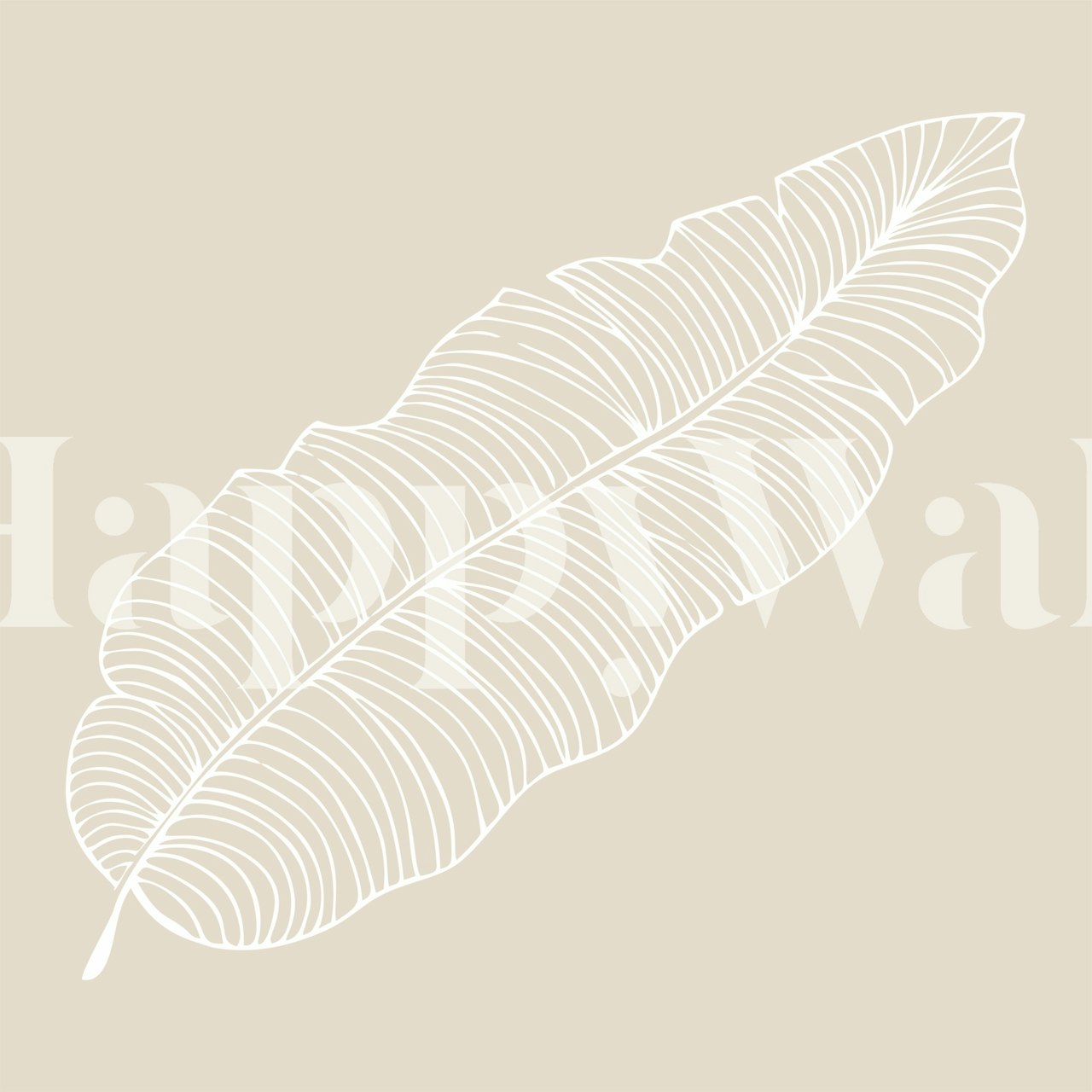 A minimalist illustration of a large palm leaf in nude beige on a wall mural