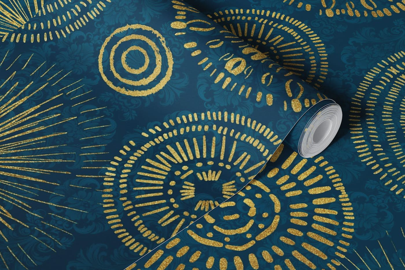 Graceful Boho Circles Gold Teal wallpaper roll