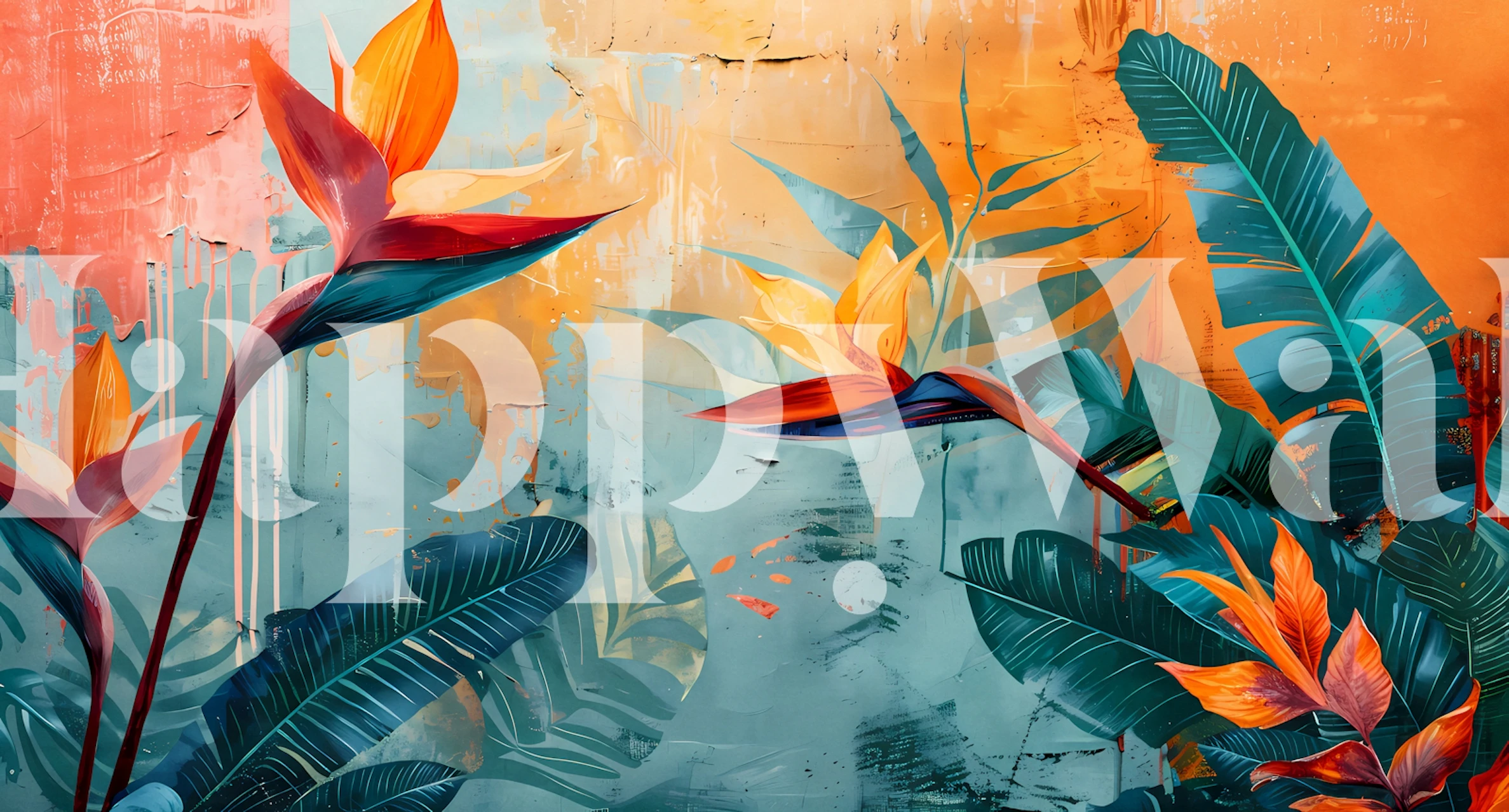 Tropical floral wallpaper with orange and teal flowers and leaves.