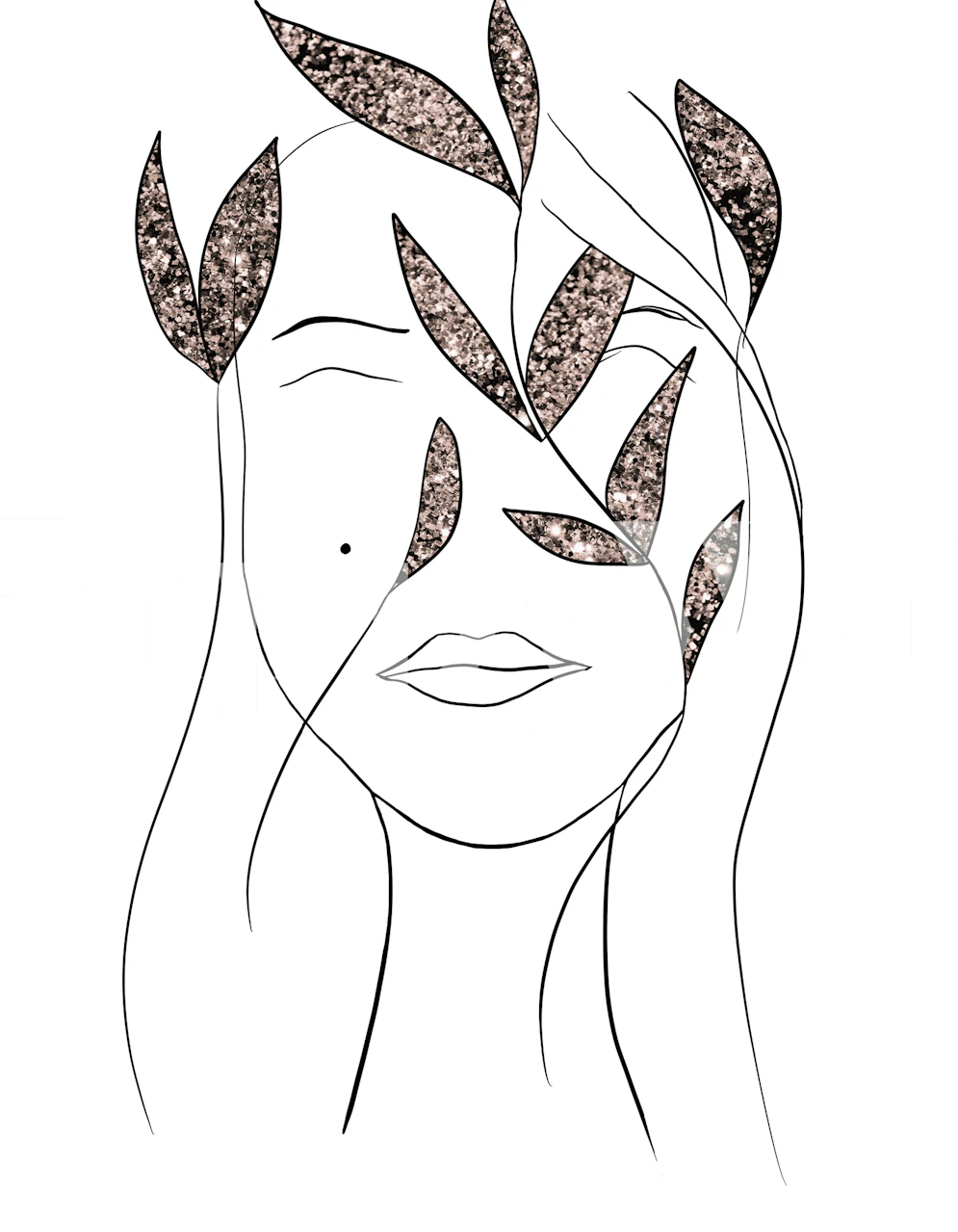 Mural de parede de uma senhora esboçada com cabelo de folhagem adornado com glitter