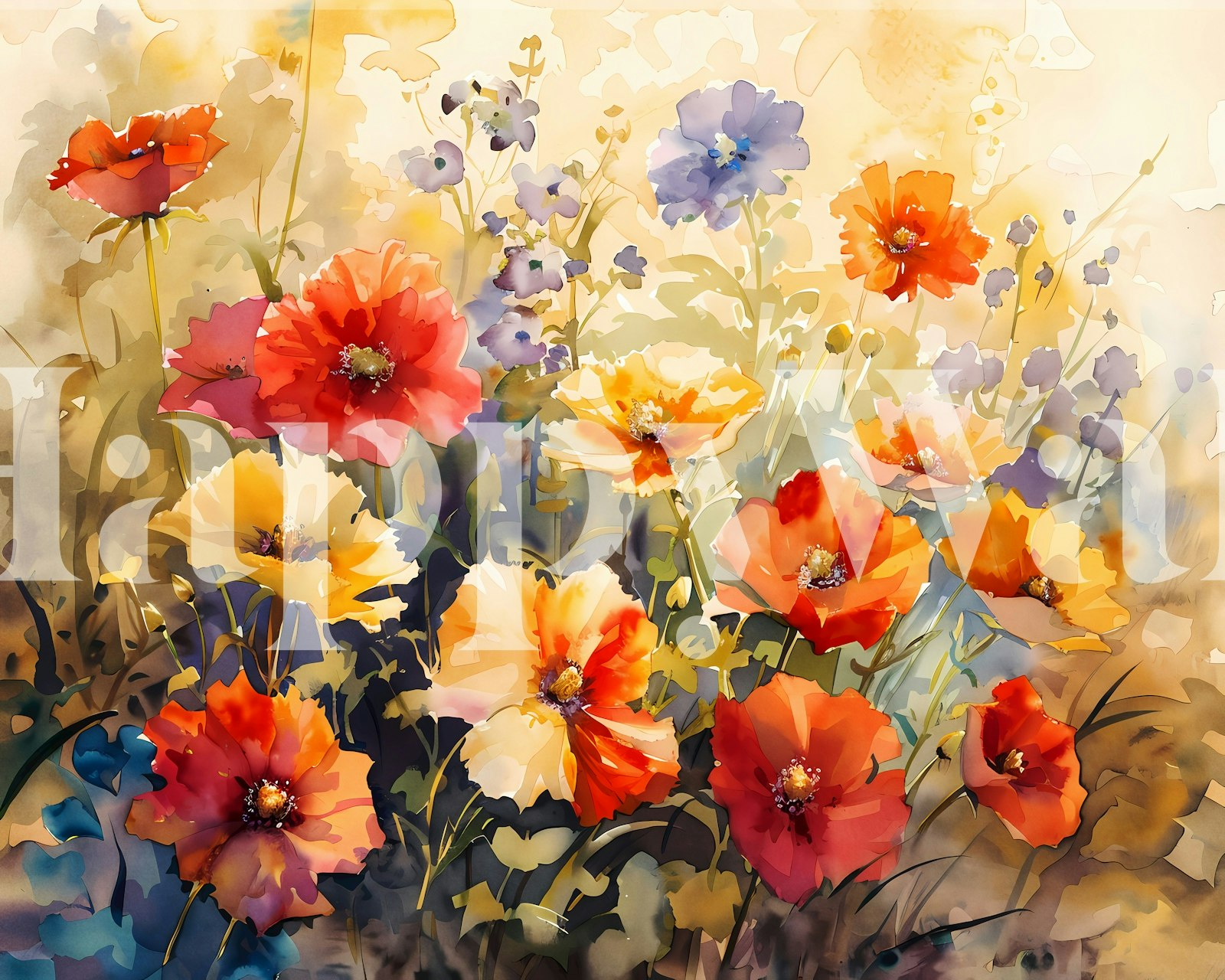 Colorful floral wall mural featuring orange, yellow, and purple flowers on a soft pastel background wallpaper
